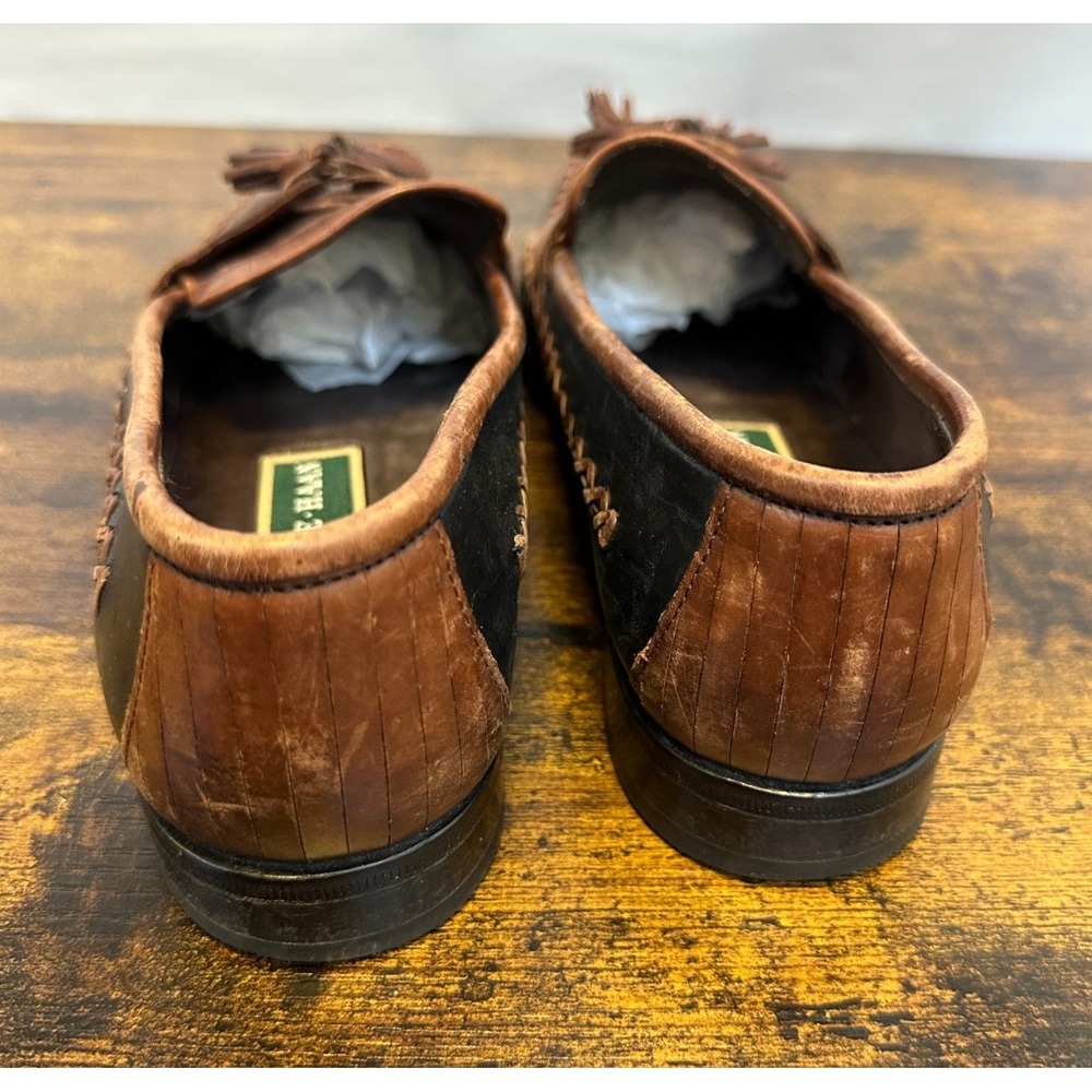 Cole Haan Two Tone Leather Tassel Kiltie Loafers Brown Black Woven Size 8 Shoes - Picture 10 of 13